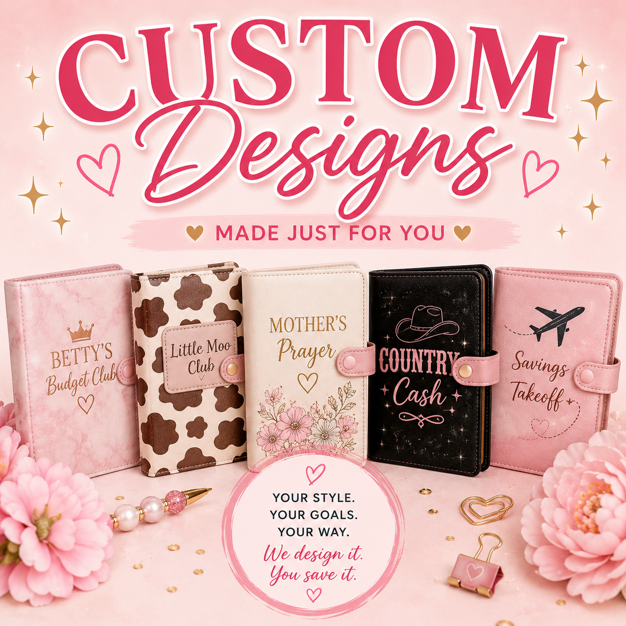 5 binders with custom designs DTF printed on the front with a banner that says custom designs made just for you. The binders say bettsy budget club, little moo club country cash and savings take off