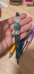 Dark teal rhinestone body beaded pen with crystal focal bead
